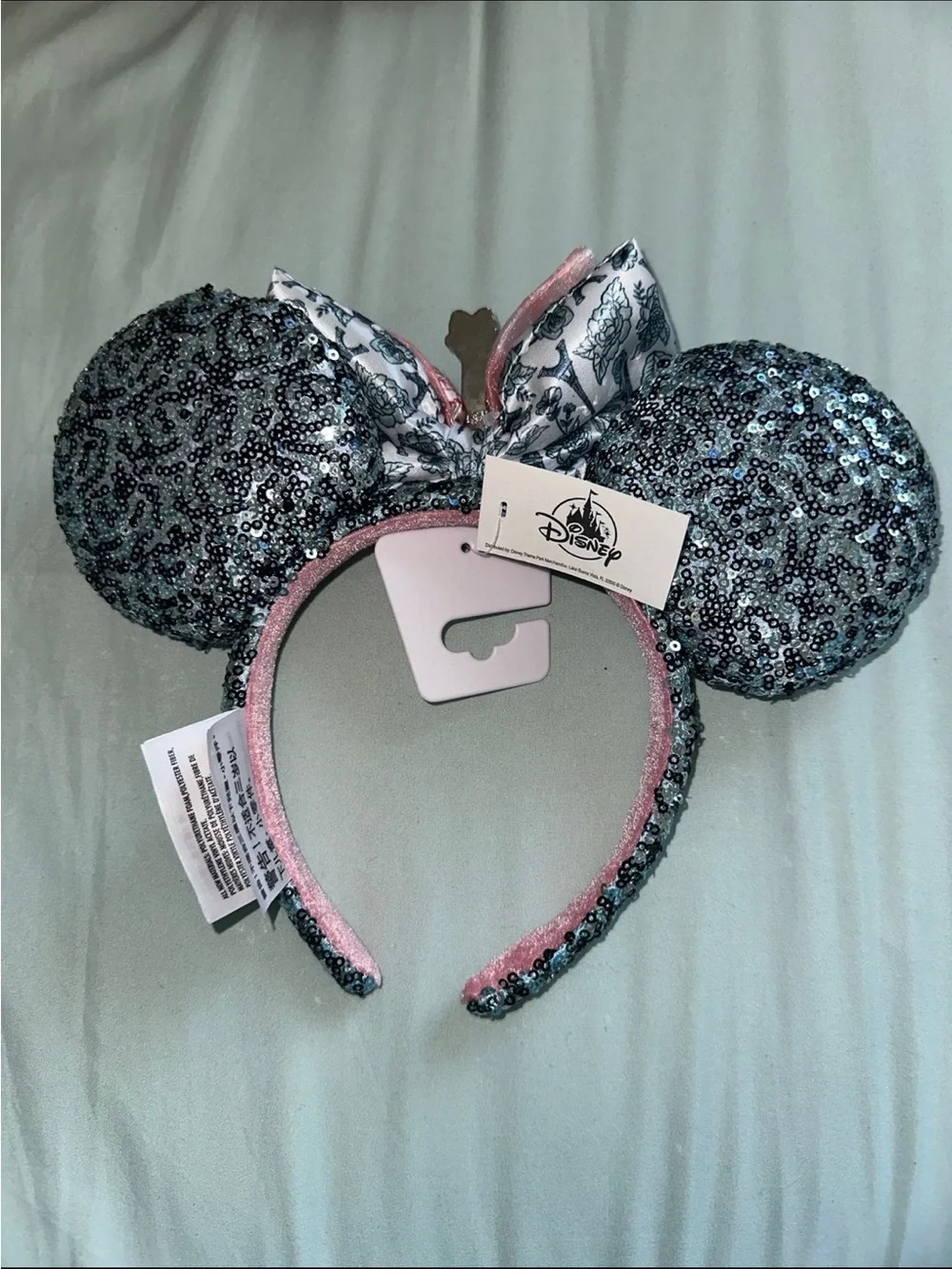 Disney Pink Bow Minnie Ears Headband with Blue Sequin Ears & Eiffel Tower Charm